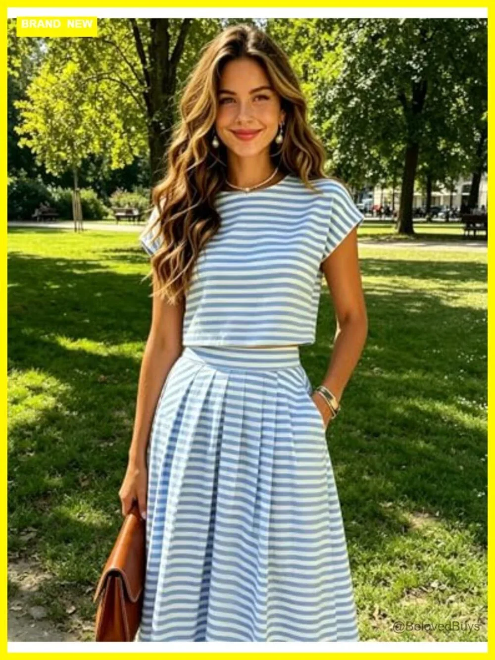 Striped 2 Piece Outfit Cap Sleeve Crop Top Midi Skirt Set Travel Matching